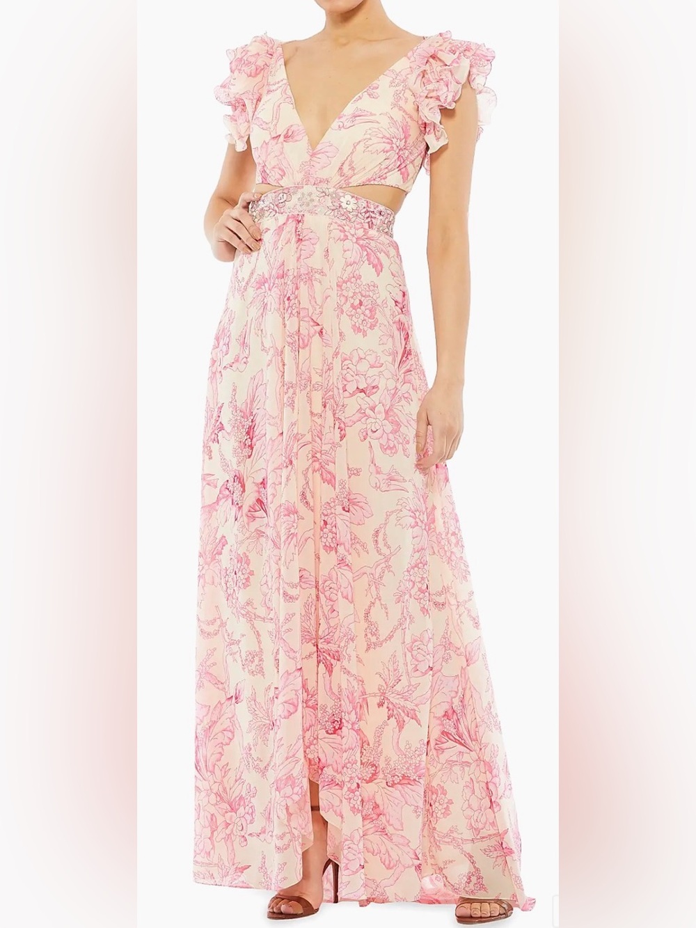NWT Mac Duggal Pink Floral Ruffled Gown, Open Back, Size US 4